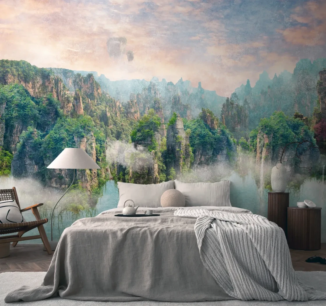 Wall mural Veiled Concrete, misty rock peaks under a pink sky