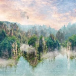 Wall mural Veiled Concrete, misty rock peaks under a pink sky