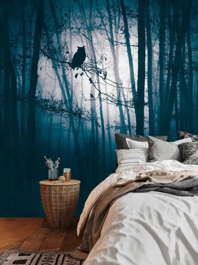 Wall mural Soft Pearl with night forest and perched owl