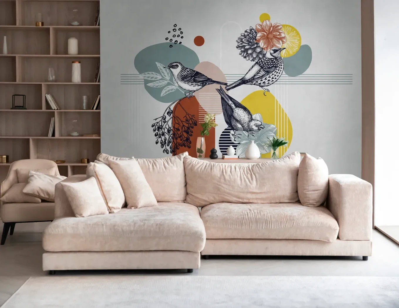 Wall mural Frosted Granite with ink birds and pastel shapes