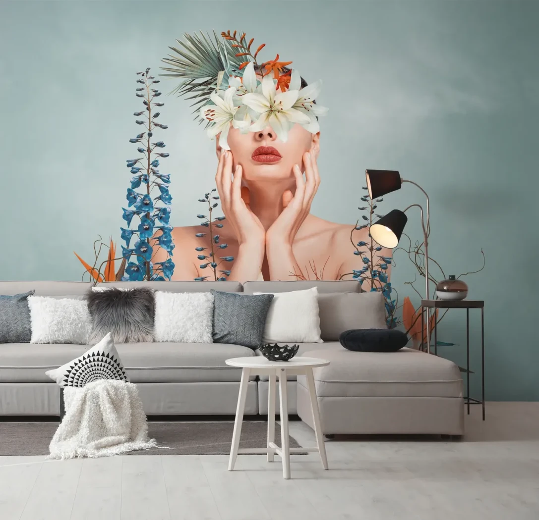 Wall mural Abyss, face covered in white lilies, blue-grey ground
