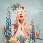 Wall mural Abyss, face covered in white lilies, blue-grey ground