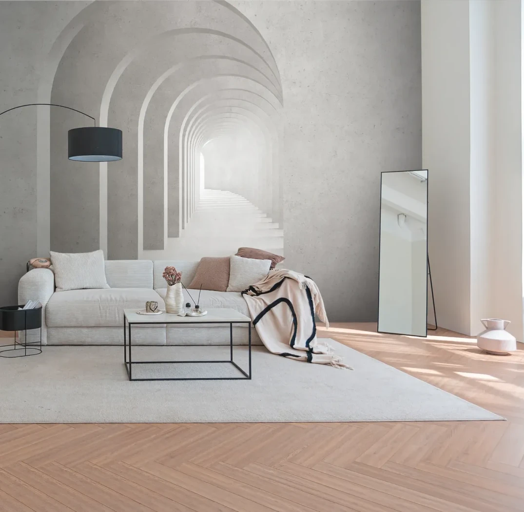 Wall mural Tobacco with receding grey arches towards white light