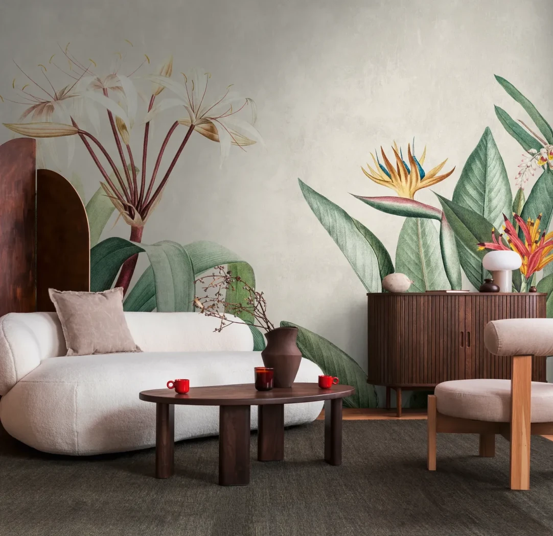 Wall mural Frosted Zincwork with tropical leaves behind a sofa