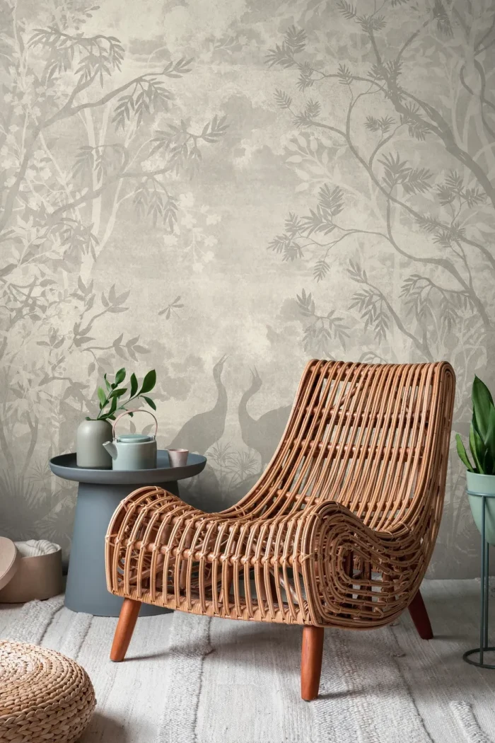 Wall mural Tawny, grey branches and wading birds on beige