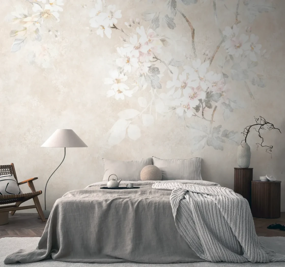 Wall mural Misty Bark, white and pink blossom on beige