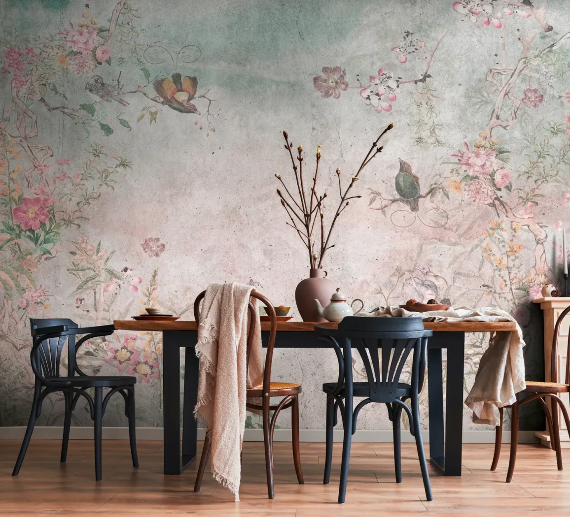 Wall mural Pitch with blossom branches and birds on aged plaster