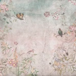 Wall mural Pitch with blossom branches and birds on aged plaster