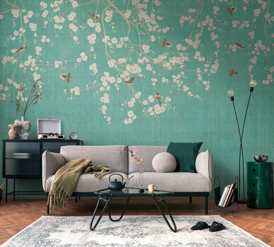 Wall mural Ebony, white blossom and gold birds on emerald
