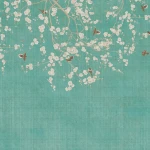 Wall mural Ebony, white blossom and gold birds on emerald