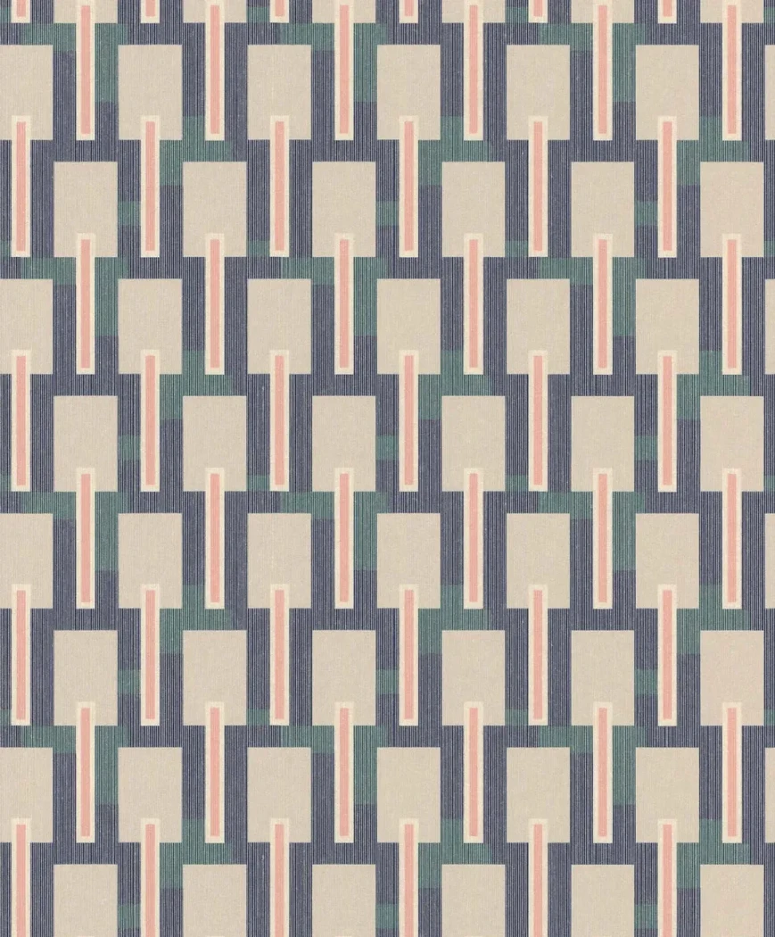 Wallpaper Semolina with navy, green and coral Art Deco columns