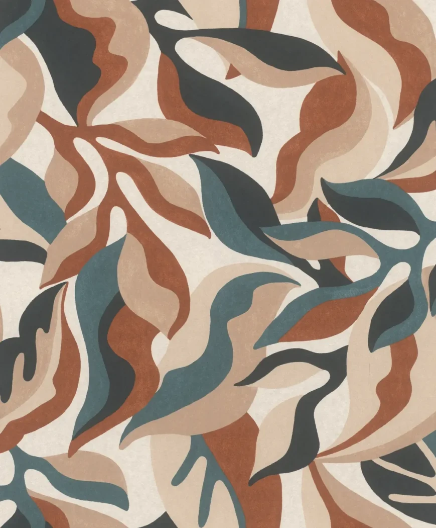 Wallpaper Pomegranate, large terracotta, beige and teal stylised leaves