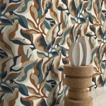 Wallpaper Pomegranate, large terracotta, beige and teal stylised leaves