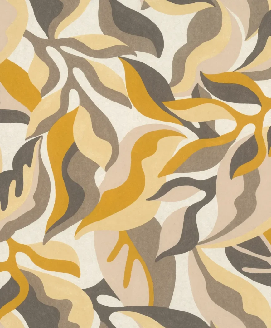 Wallpaper Yellow Ochre, ochre and grey foliage on light ground