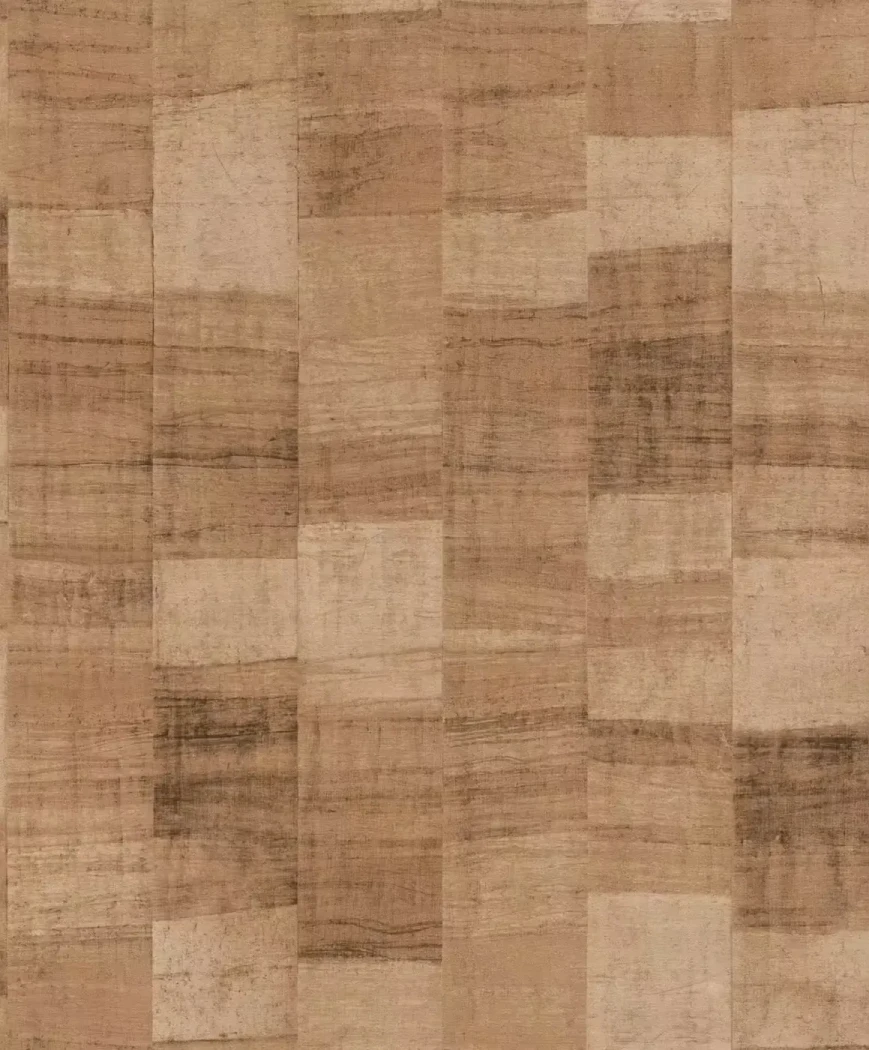 Wallpaper Nutmeg with brown and ochre patchwork wood planks