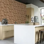 Wallpaper Nutmeg with brown and ochre patchwork wood planks