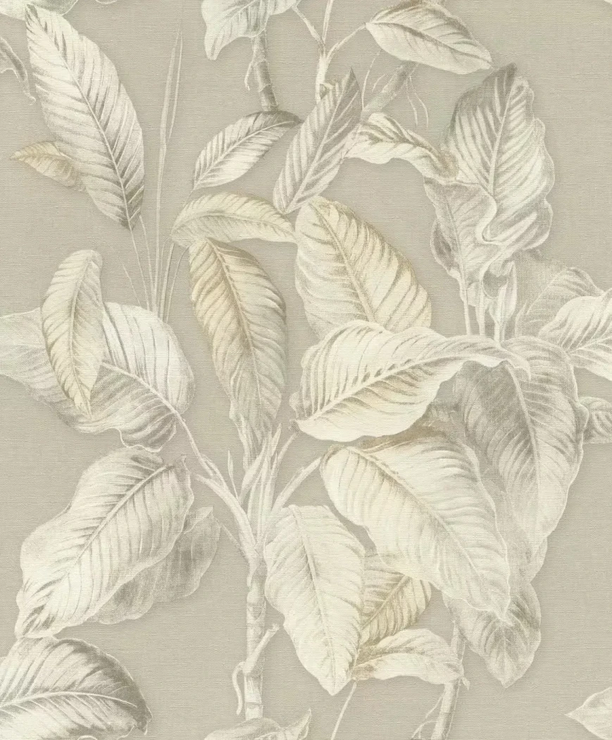 Wallpaper Thatch, large tropical leaves on taupe beige ground