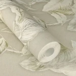 Wallpaper Thatch, large tropical leaves on taupe beige ground