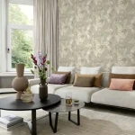 Wallpaper Thatch, large tropical leaves on taupe beige ground