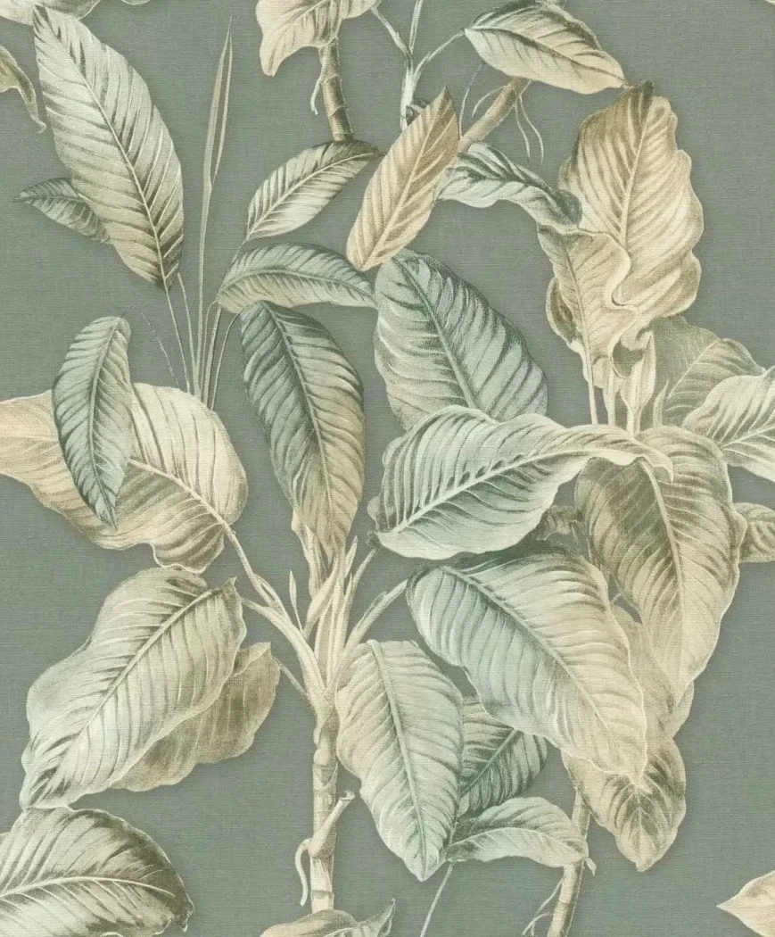 Wallpaper Cloud, ivory and sage leaves on slate grey
