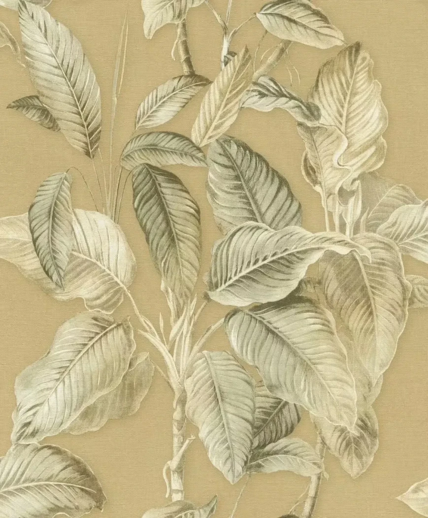 Wallpaper Plait, large green botanical leaves on gold ground