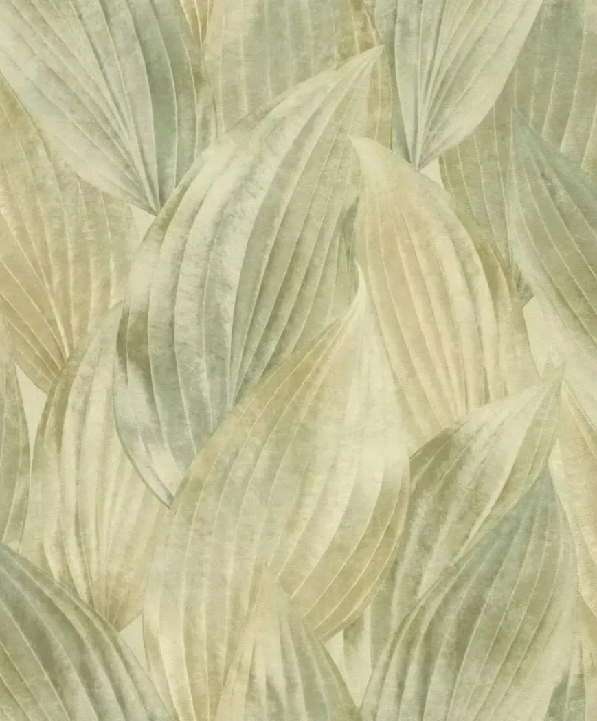 Wallpaper Pollen, overlapping leaves in yellow, green and cream