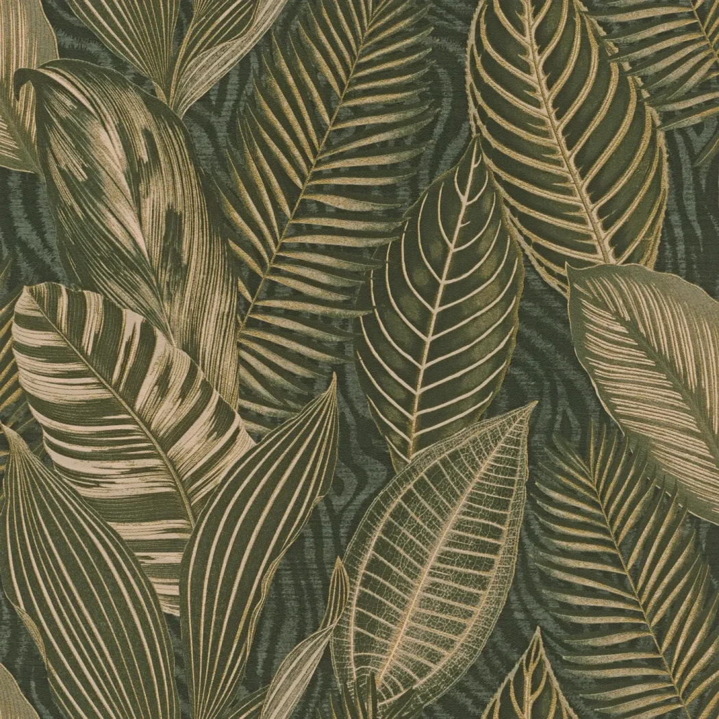 Wallpaper Buttercup, gold-outlined tropical leaves on deep green