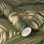 Wallpaper Buttercup, gold-outlined tropical leaves on deep green