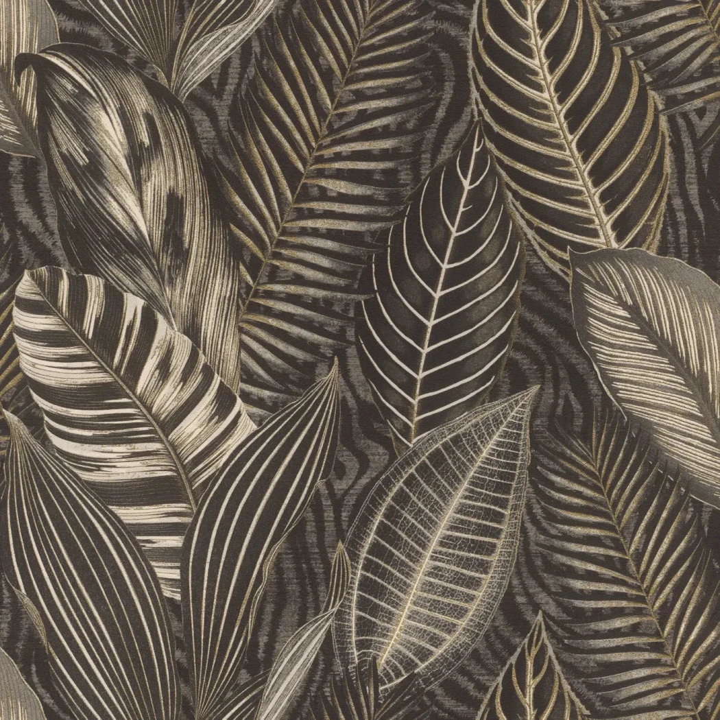 Wallpaper Henna, tropical leaves with gold veins on dark ground