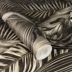 Wallpaper Henna, tropical leaves with gold veins on dark ground