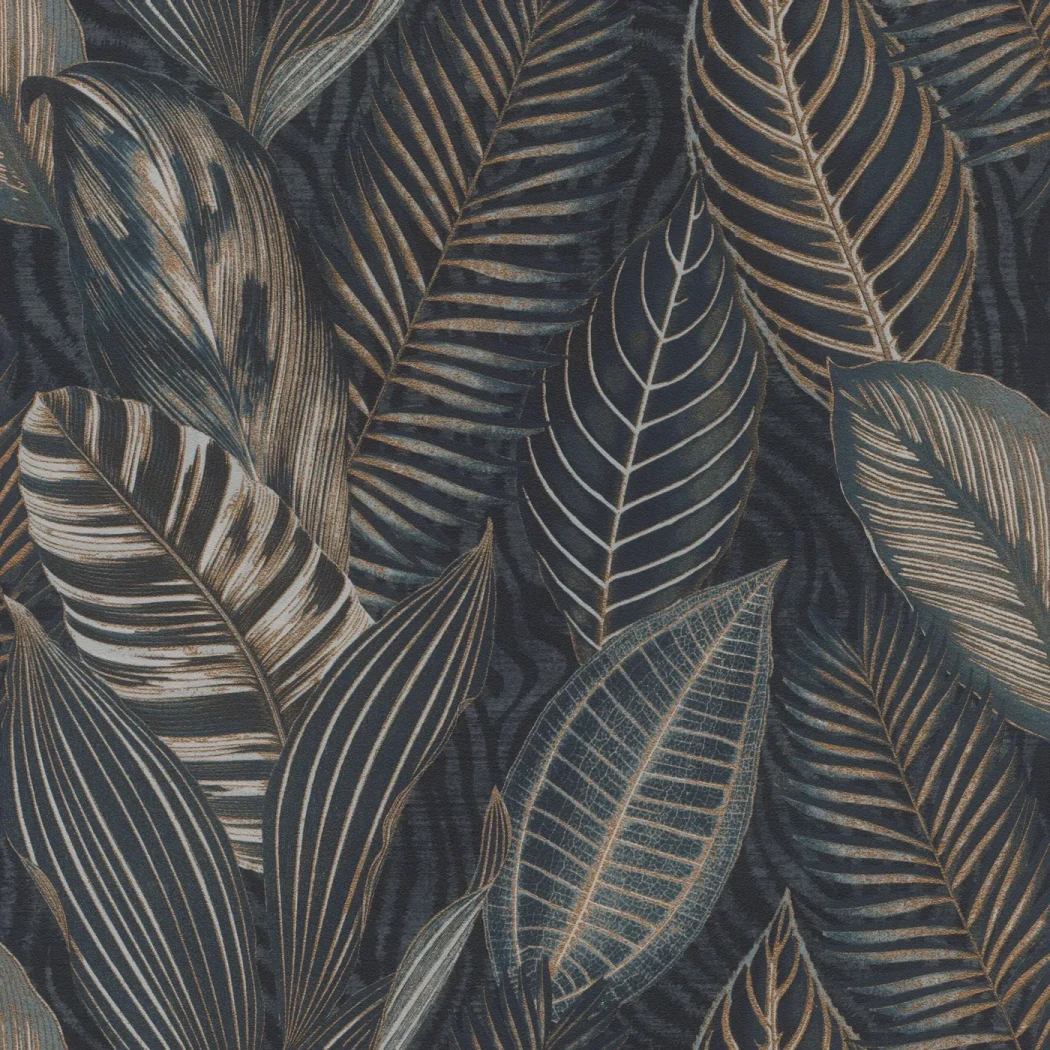 Wallpaper Bark, tropical leaves with copper highlights on charcoal