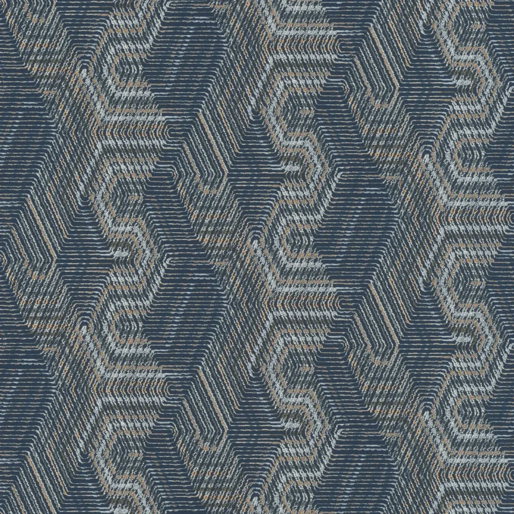 Wallpaper Horizon, midnight blue geometric chevrons with copper touches