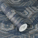 Wallpaper Horizon, midnight blue geometric chevrons with copper touches