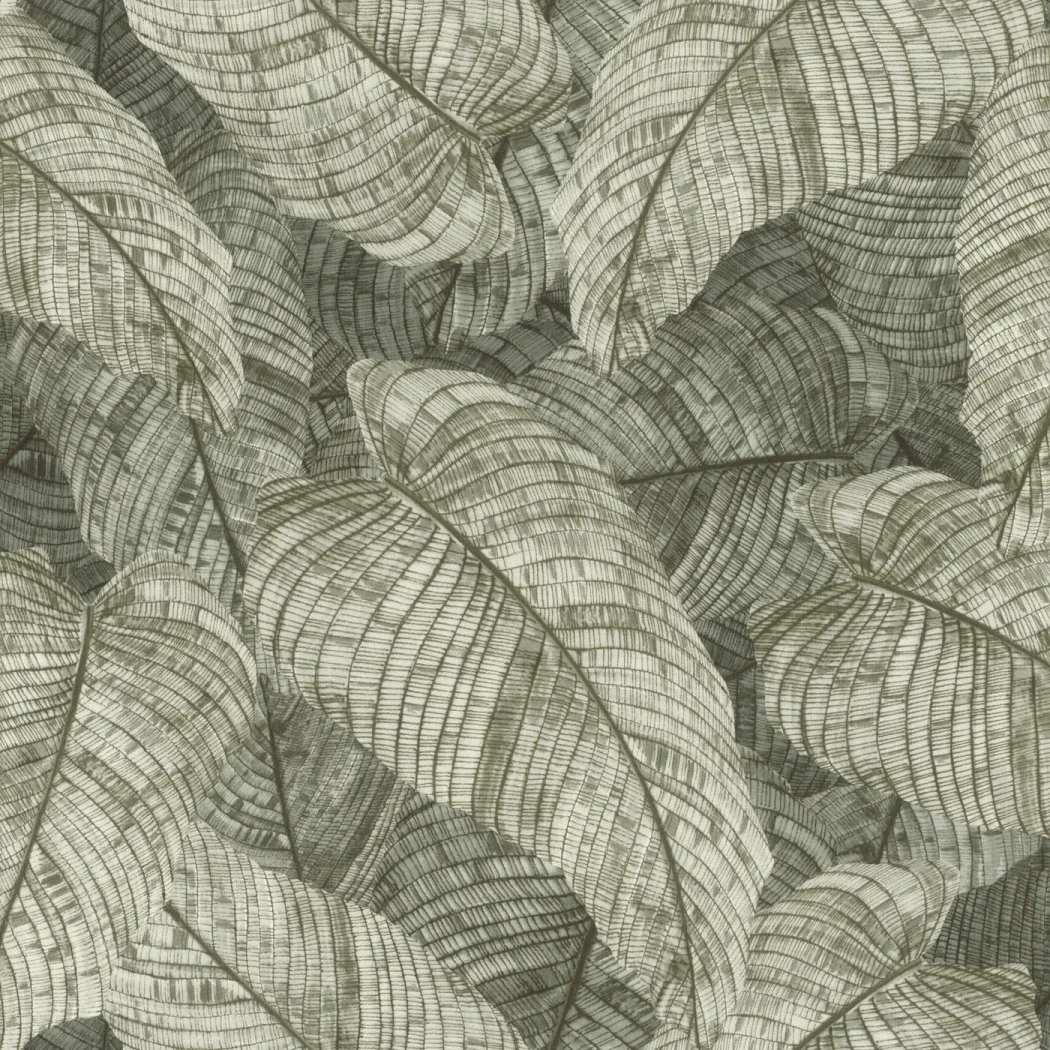 Wallpaper Turmeric with large engraved-style leaves in grey and beige