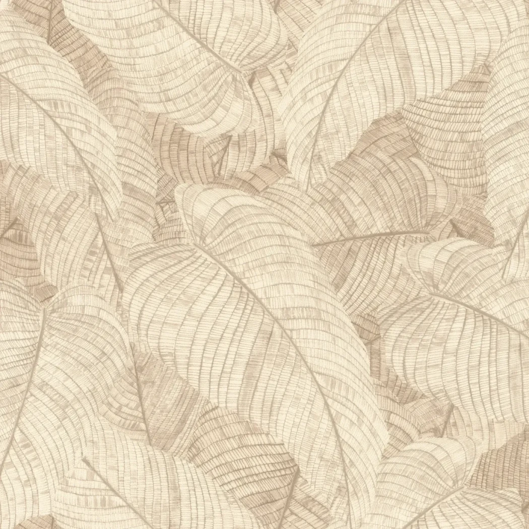 Wallpaper Pale Bark with large beige drawn tropical leaves