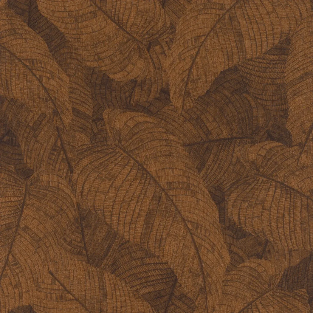 Wallpaper Siena Earth, large engraved tropical leaves in coppery brown