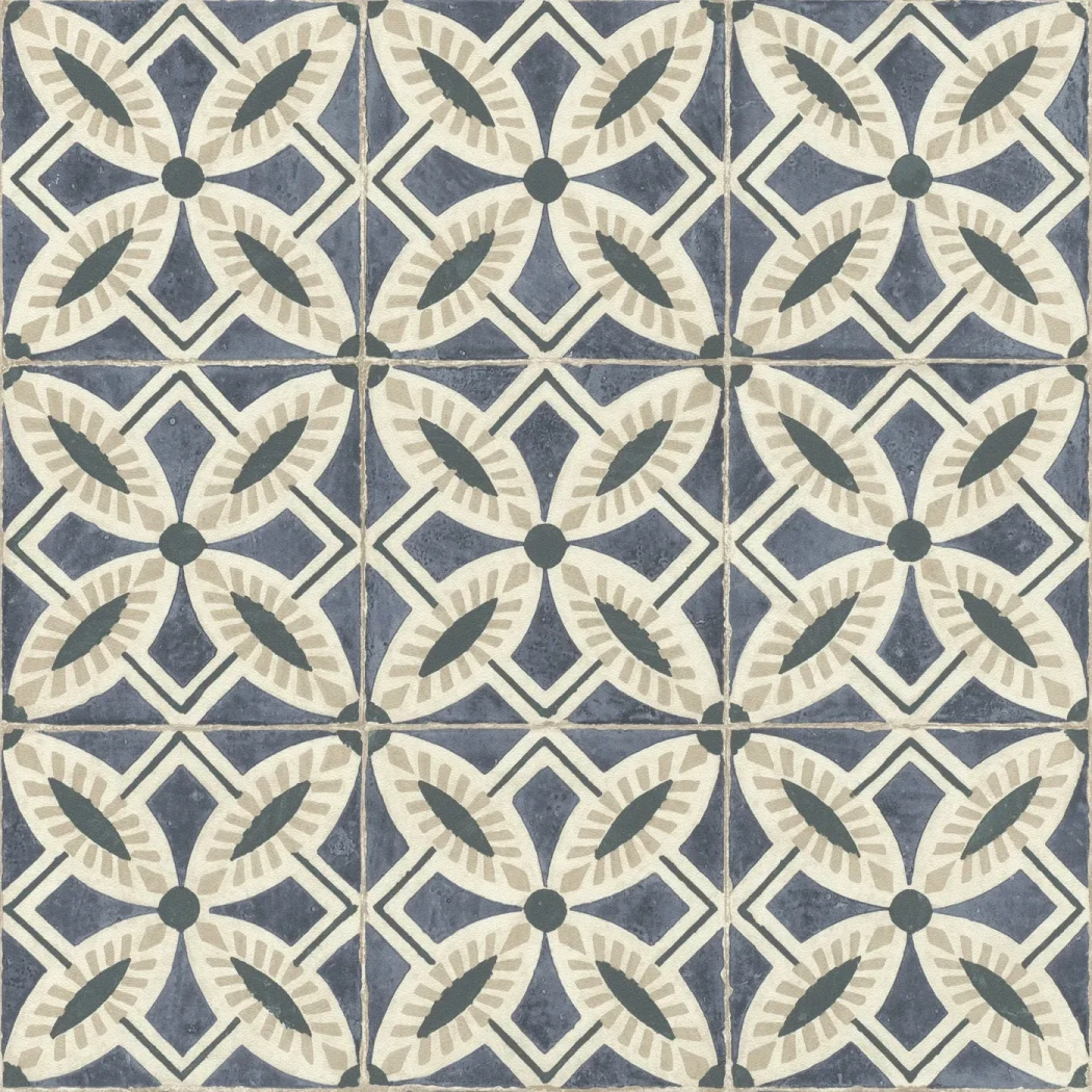 Wallpaper Pineapple with blue and ecru floral tile pattern