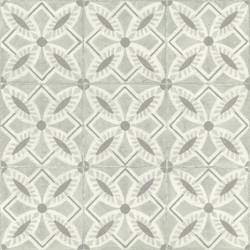 Wallpaper Ash with grey and white cement-tile floral pattern