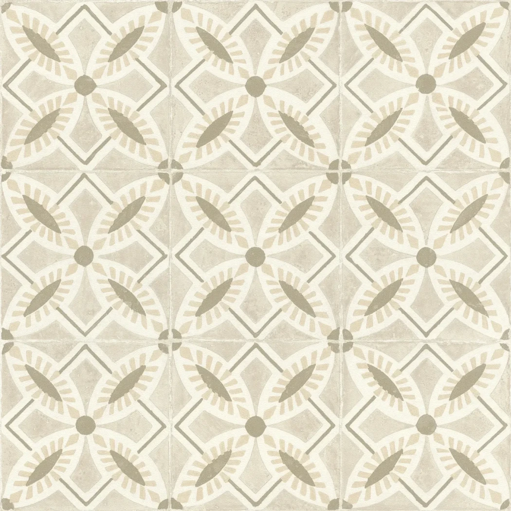 Wallpaper Light Leaven, zellige-style diamonds with cream and taupe medallions