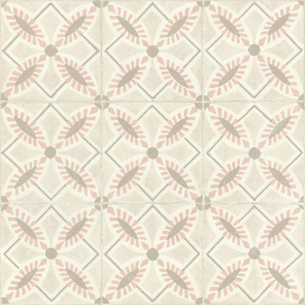Wallpaper Light Nougat with cement-tile diamonds and pink flowers