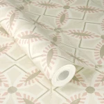 Wallpaper Light Nougat with cement-tile diamonds and pink flowers
