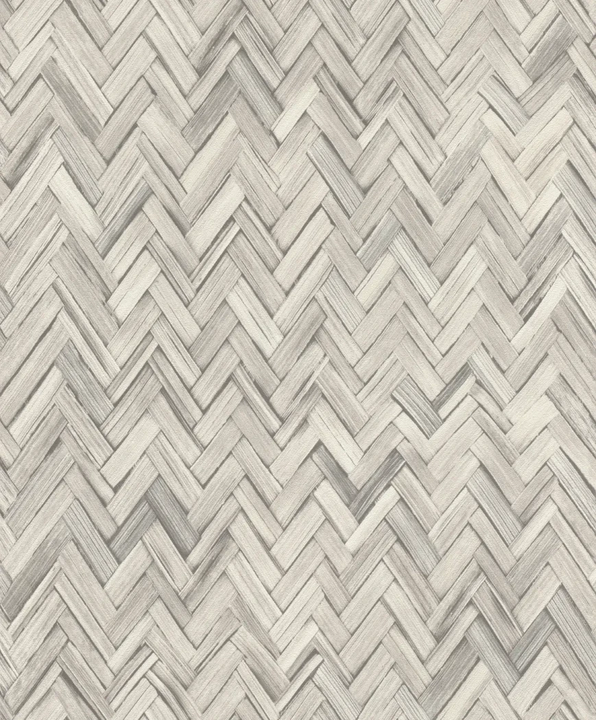 Wallpaper Mist, grey and off-white woven chevron in a wood-slat effect