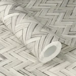 Wallpaper Mist, grey and off-white woven chevron in a wood-slat effect