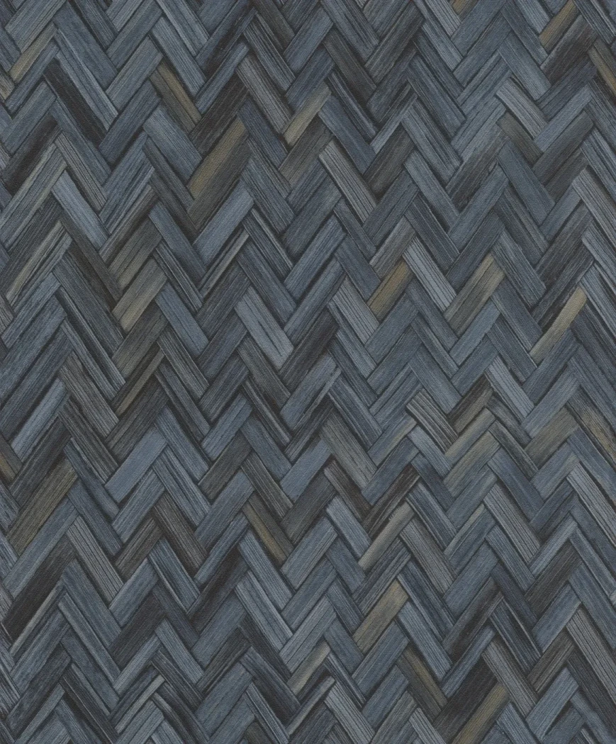 Wallpaper Silver with grey-blue woven chevrons and gold flecks