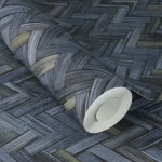 Wallpaper Silver with grey-blue woven chevrons and gold flecks