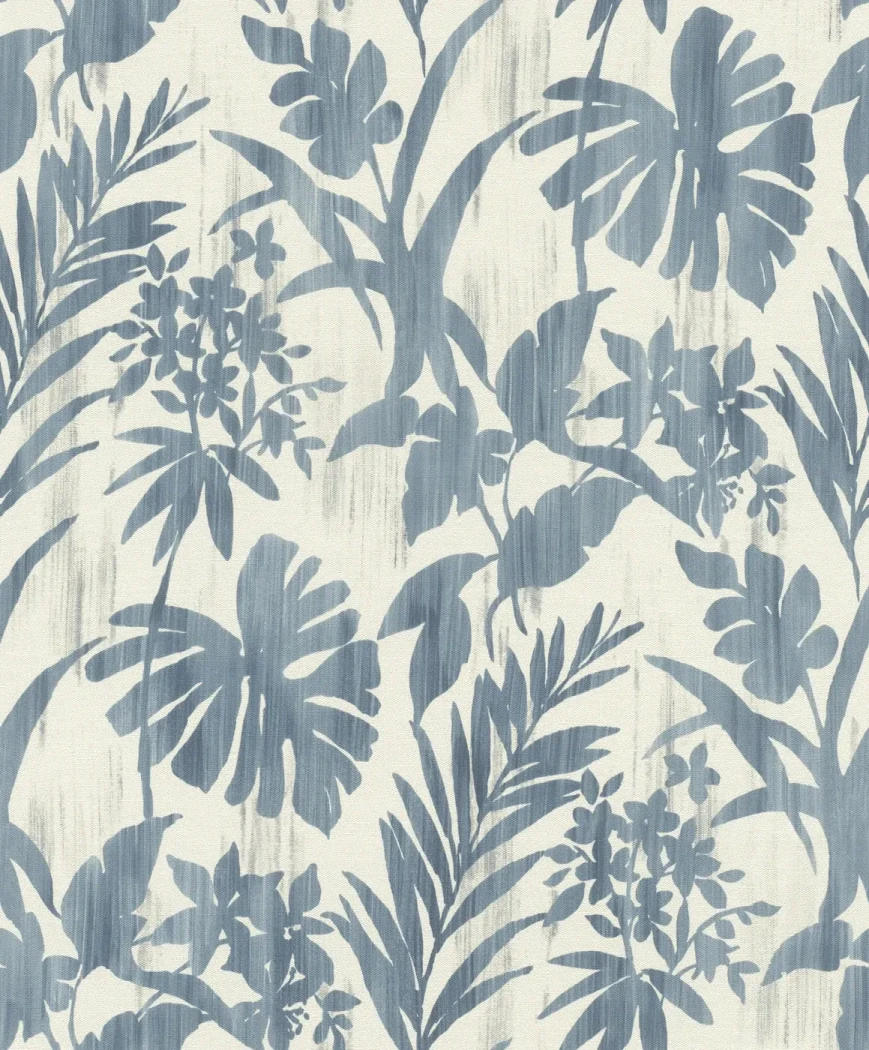 Wallpaper Blue Slate, slate blue tropical leaves on a cream ground
