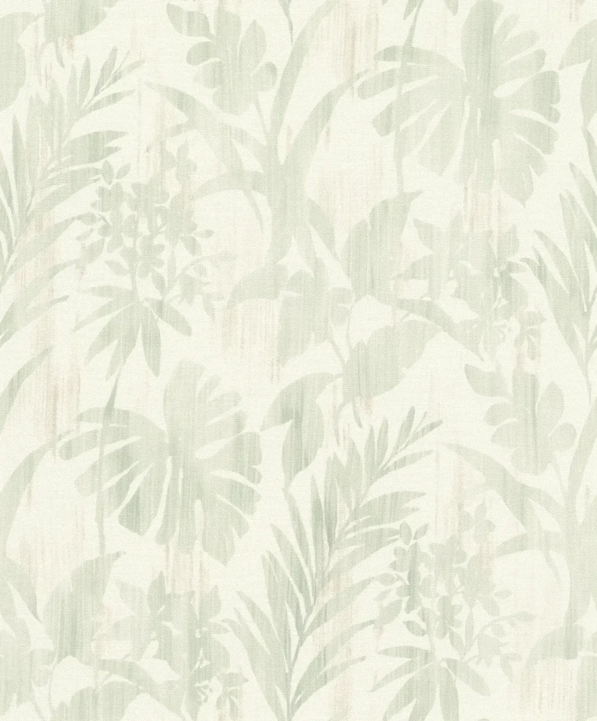 Wallpaper Fine Sand with almond green tropical leaves on ivory