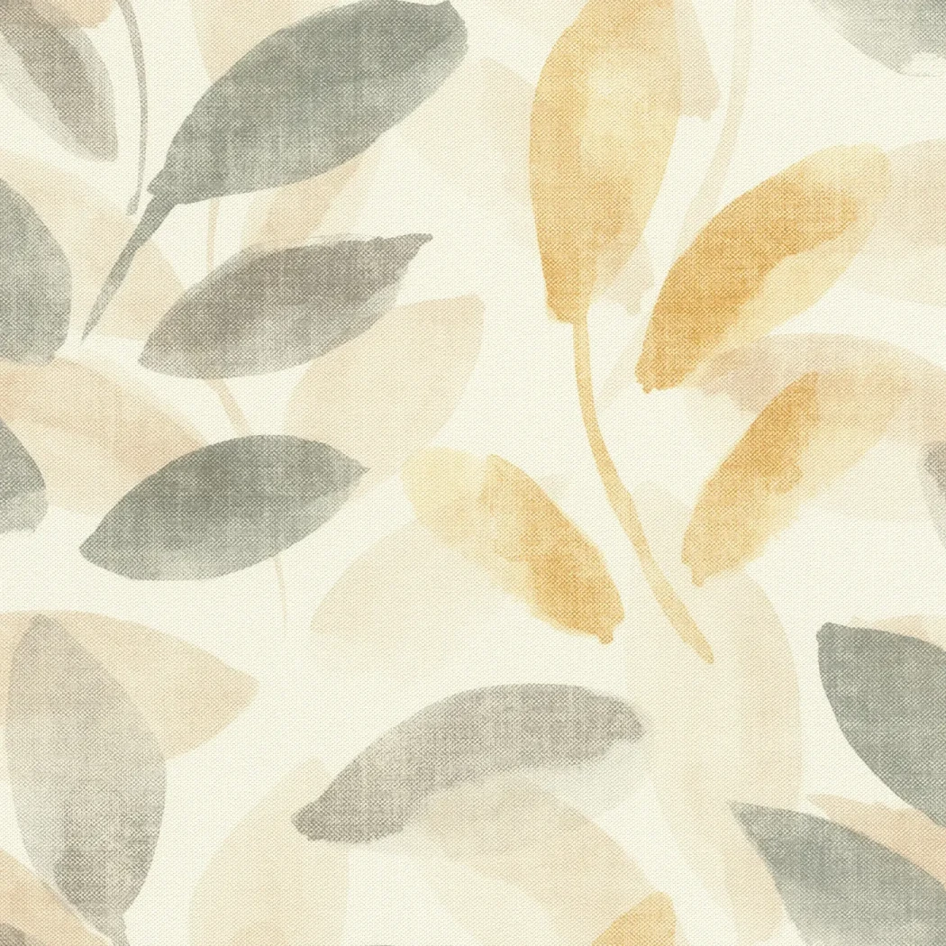 Wallpaper Verbena with watercolour leaves in grey and mustard