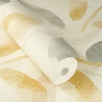 Wallpaper Verbena with watercolour leaves in grey and mustard