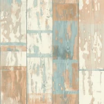 Wallpaper Dawn with weathered planks in grey, terracotta and blue